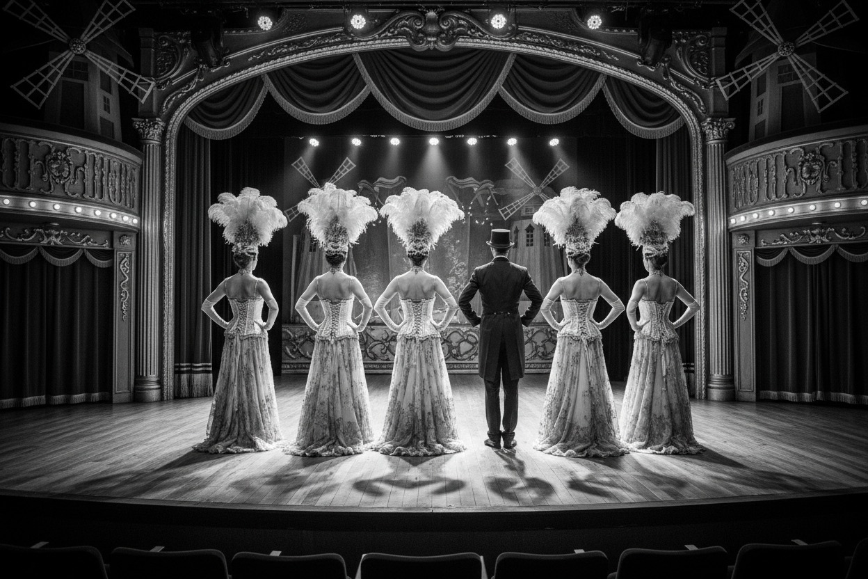 Un homme en habit et cinq danseuses en costumes de cabaret avec des coiffes à plumes se tiennent de dos sur la scène d'un théâtre.